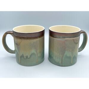 Potters Corner Ceramic Coffee Tea Mug PAIR Iridescent Drip Glaze Earth Tones